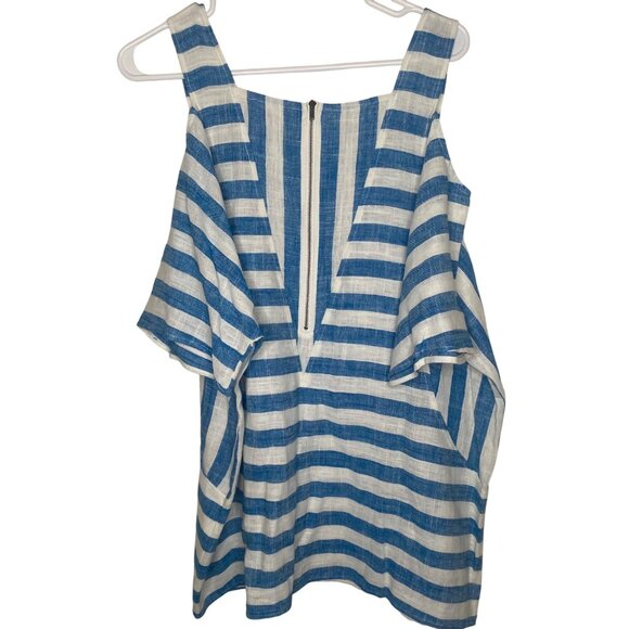 Soft Surroundings Linen Blend Cold-Shoulder Top PXL Blue White Striped Short Sl - Picture 3 of 12